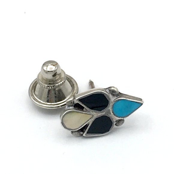 ZUNI thunderbird tie tack - sterling silver turquoise onyx inlay - hat lapel pin - Picture 5 of 7